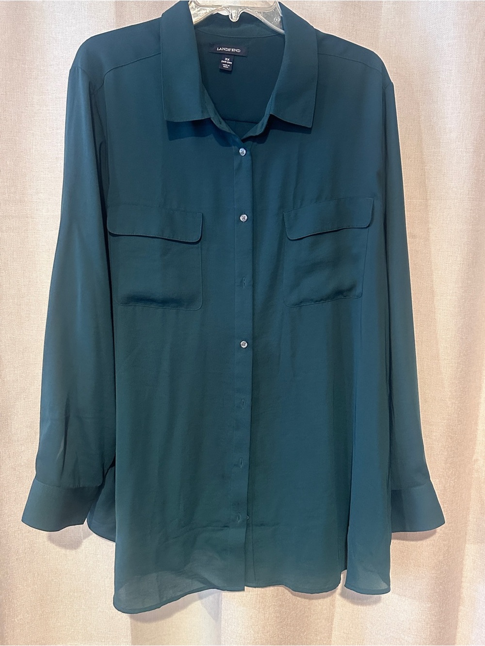 Lands' End Teal Long-Sleeve Women's Button-Up Blouse